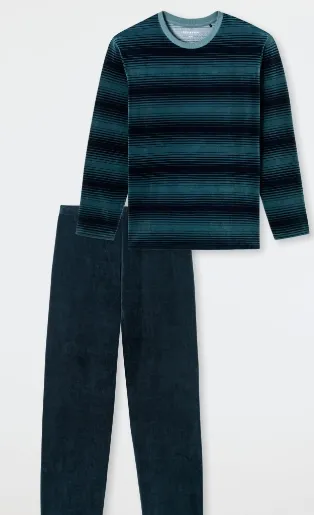Schiesser, pyjama, blauw gestreept, velour
