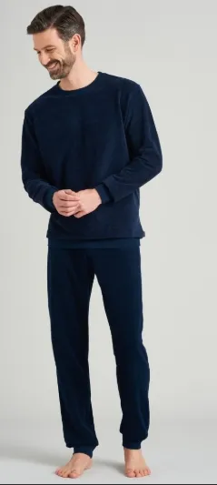 Schiesser, Herenpyjama, velours, donkerblauw
