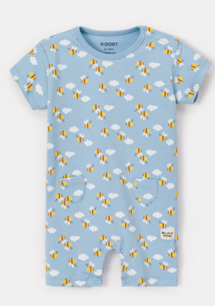 Woody, onesie, blauw bijenprint