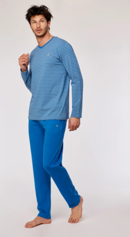 Woody, herenpyjama, blauw-gele streep