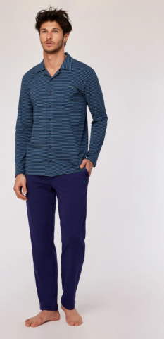 Woody, herenpyjama doorknoop, dblauw