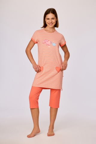 Woody, damespyjama, roos-geel, streep