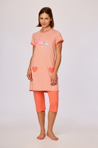 Woody, damespyjama, roos-geel, streep