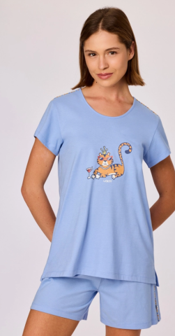 Woody, damespyjama, lichtblauw, tijger