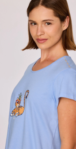 Woody, damespyjama, lichtblauw, tijger