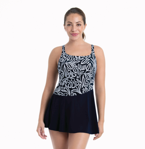 Anita, badpak met rokje, blauw, print