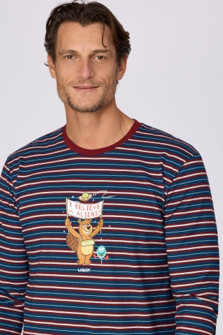 Woody, herenpyjama, blauw-bordeaux stree