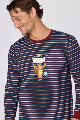 Woody, herenpyjama, blauw-bordeaux stree