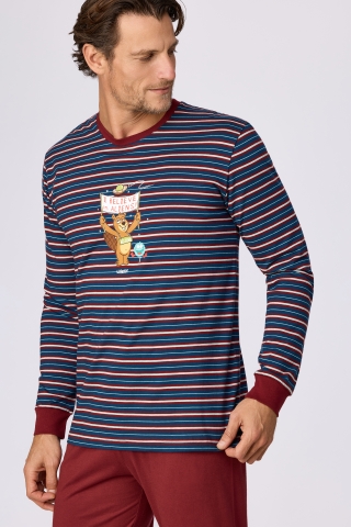 Woody, herenpyjama, blauw-bordeaux stree