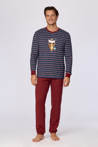 Woody, herenpyjama, blauw-bordeaux stree