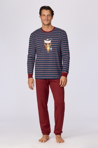 Woody, herenpyjama, blauw-bordeaux stree