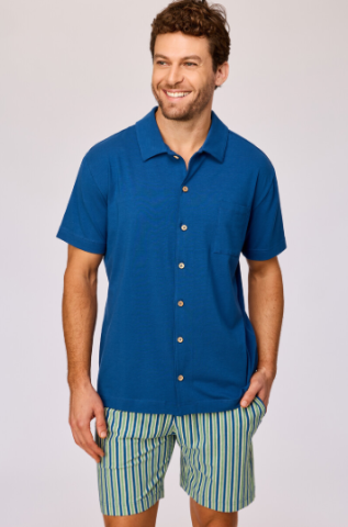Woody, herenpyjama, doorknoop, blauw
