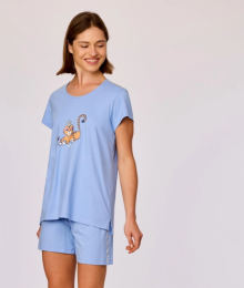 Woody, damespyjama, lichtblauw, tijger