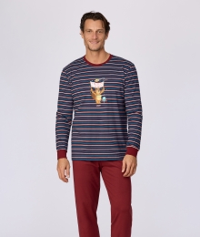 Woody, herenpyjama, blauw-bordeaux stree