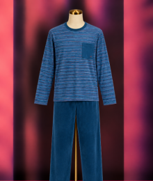 Woody, herenpyjama, blauw-bordeaux streep